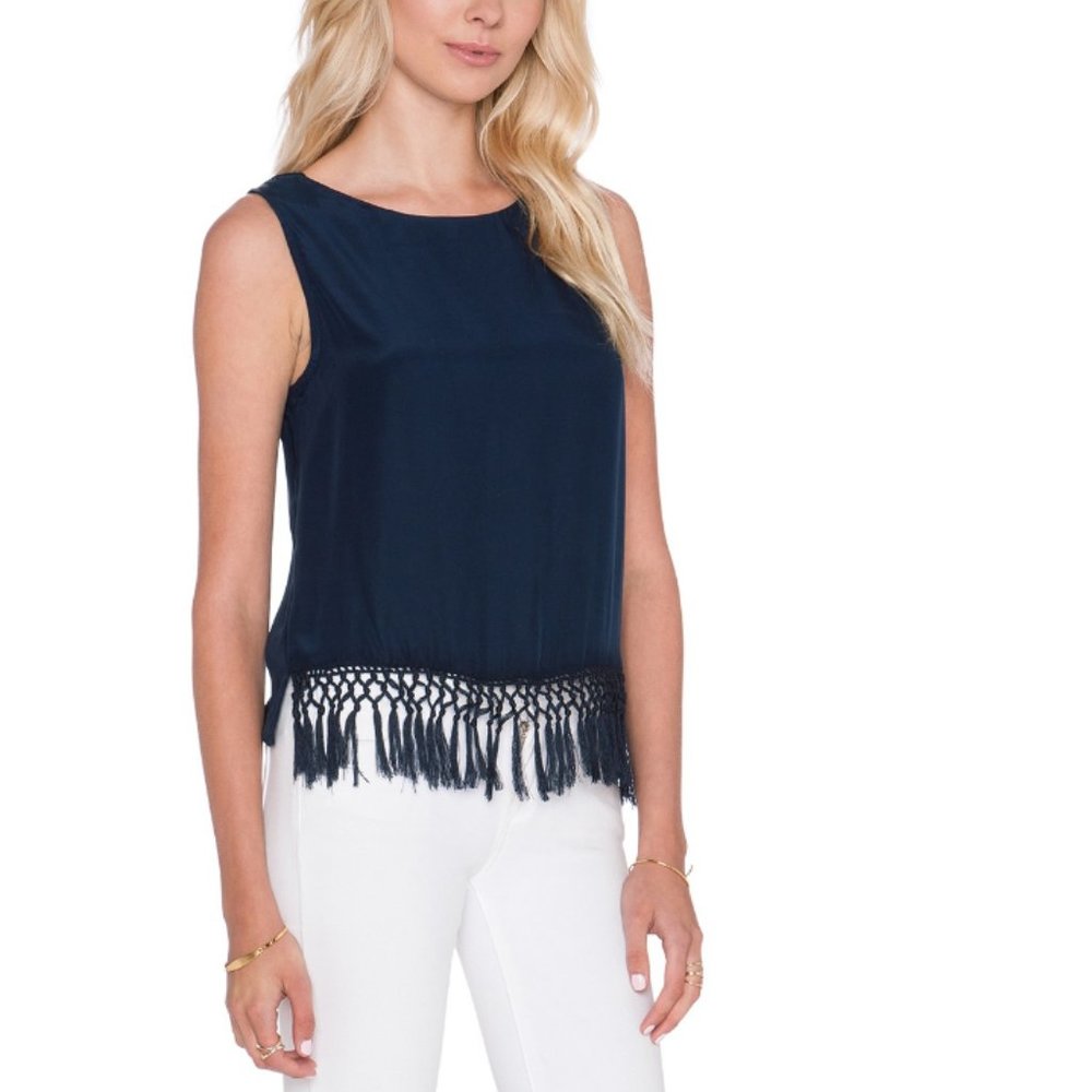 Amour Vert NEW Silk Tank Top Fringed Blouse Navy NWT Women's LπHPπ - Picture 5 of 7